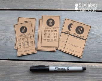 Care labels for handmade items, business card size tags for packaging handmade items, printable care tags, market prep tools