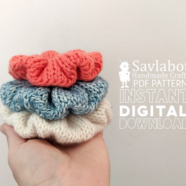 Knit Scrunchies Pattern, 3 scrunchies in one pdf pattern, easy to follow photo tutorial, knitting pattern, simple to follow pattern