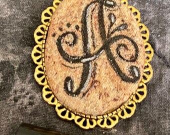 Monogram Letter Brooche, Pin Hand-drawn on Fabric, Quilted Jewelry