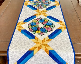 Flower Table Runner, One-of-a-kind Quilted Hand Painted
