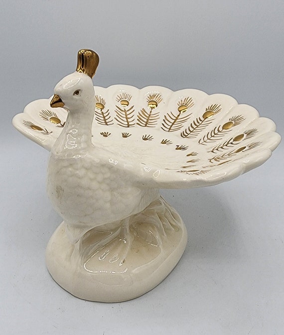 White & Gold Peacock Pedastal Trinket Dish Hollan… - image 1