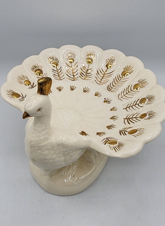 White & Gold Peacock Pedastal Trinket Dish Hollan… - image 3