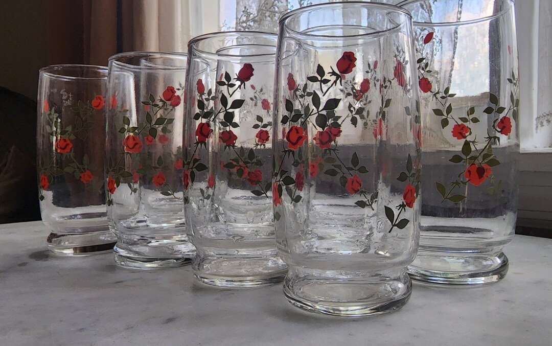 Set of 8 Vintage Anchor Hocking Red Rose Glasses Etsy