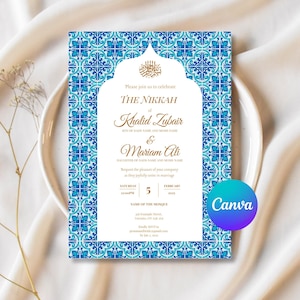 Faire-part de mariage islamique personnalisé | Carrelage marocain bleu | Modèle d'invitation de mariage musulman | Carte sur toile modifiable