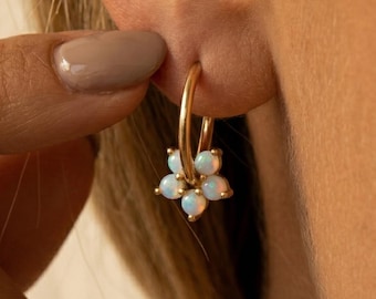 Flower opal hoop earrings CZ Huggies Dainty opal gold October birthstone Sterling silver