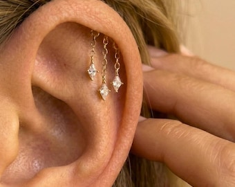 Vertical helix chain earring Flat back Cartilage stud dangle Marquise Internally Threaded 16G jewelry
