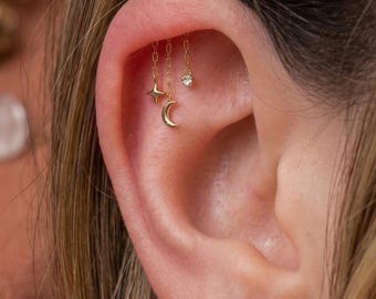 Orecchino a elica nascosta, orecchino a catena, perno, retro piatto, labret, orecchino celeste, pendente con zirconi, cartilagine, delicato, stella, luna, 16G