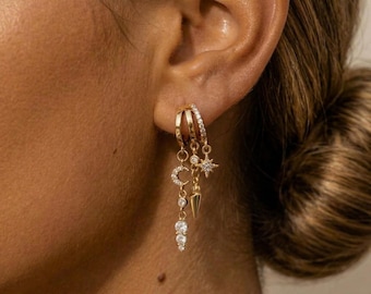 Huggie earrings moon star CZ Cartilage piercing Dainty dangle drop Hypoallergenic jewelry
