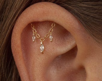 Chain helix earring Flat back CZ piercing lobe Internally threaded Conch Cartilage earrings 925 Sterling