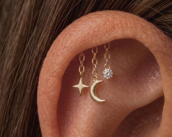 Hidden helix earring Chain stud Flat back Labret Celestial ear CZ Dangle Cartilage Dainty Star Moon earring 16G