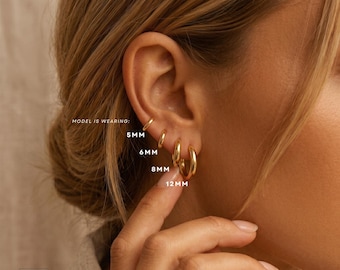 14K gold huggie hoop earrings Minimalist huggies 12,10,6mm hoops thin tiny Everyday Non tarnish jewelry for Her