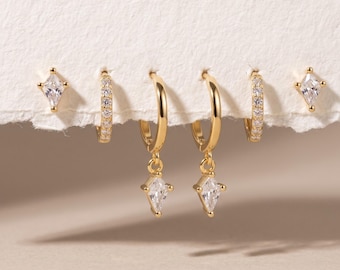 18K gold huggies hoops Dainty CZ Studs diamond earring set Cartilage piercings Stacking earrings