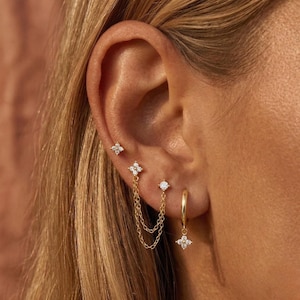 Staplade örhängen 16G Örhänge Kedja Brosk Minimalistisk örhänge Stål CZ Huggie-örhänge Guld Silver Öronpiercingar
