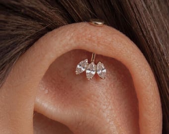 Gold vertical helix earring Titanium stud CZ labret flat back Tiny 16G Piercing minimalist cartilage