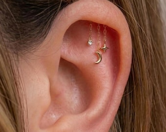 Gold Hidden helix earring Chain stud Flat back Labret Celestial ear CZ Dangle Cartilage Dainty Star Moon earring 16G