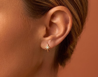 18K Gold star huggie hoops earrings set dainty Celestial ear North star Sunburst Everyday jewelry