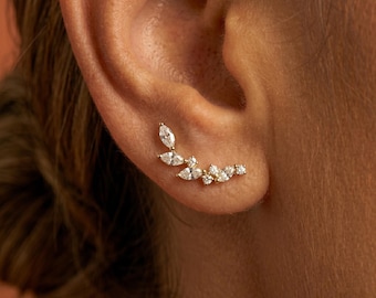 Gold ear crawlers CZ earrings Vine wedding Cartilage stud Bridal ear climber Sterling silver Elegance jewelry