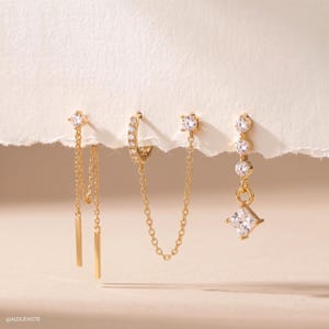 Conjunto de pendientes de oro de 18 quilates con delicados pendientes de diamantes, aros pequeños, cadena y colgante de circonita cúbica para cartílago. Pendientes minimalistas.