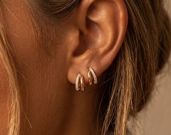 CZ earrings huggie Double hoop Cartilage piercing Dainty diamond hoops Luxurious jewelry