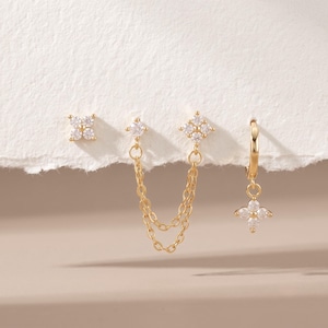 Stacked earrings 16G Stud Chain cartilage Minimalist stud hoop Steel CZ Huggie hoop Gold Silver Ear piercings