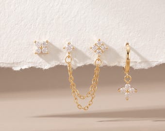 Stacked earrings 16G Stud Chain cartilage Minimalist stud hoop Steel CZ Huggie hoop Gold Silver Ear piercings