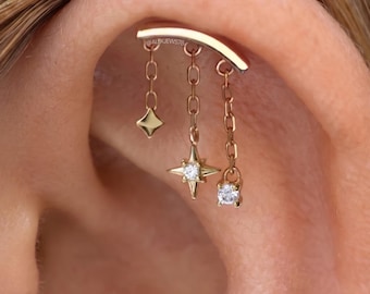 Vertical helix chain piercing flat back Star cartilage stud 16G Earrings CZ for Her