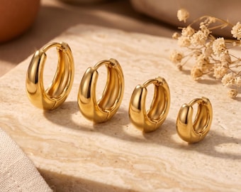 6mm 8mm 10mm hoop thick Minimalist huggie set 18K Gold ear Tarnish free Everyday ear jewelry for Her