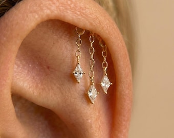 Tiny helix chain earring Flat back Cartilage stud dangle Sterling silver piercing Marquise 16G jewelry
