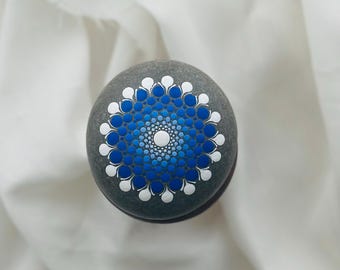 Hand Painted Blue Mandala Rock – Calming Dot Art Paperweight