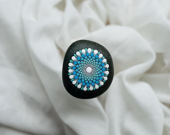 Hand Painted Mandala Rock: Blue Dot Art Stone - Calming Desk Decor