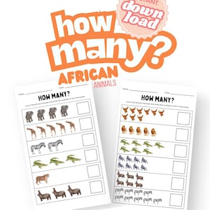 Werkbladen tellen hoeveel Afrikaanse dieren, van kleuterschool tot 1e leerjaar, gemakkelijk afdrukbare kinderactiviteiten, leren rekenen, optellen en tellen, 5 pagina's