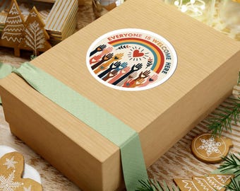 Everyone Is Welcome Here Sticker: Rainbow Hands, Heart - LGBTQ+ Ally