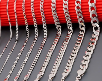May include: A collection of eight silver-toned metal curb chains arranged in increasing order of width, from thin to thick. Each chain features interlocking flat links and a lobster claw clasp at the bottom end, showcasing a polished metallic finish.