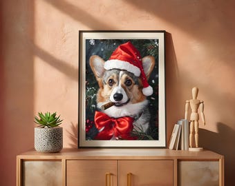 Festive Corgi Christmas Digital Art - Corgi in Santa Hat with Red Bow and Cigar - Cute Holiday Dog Illustration, Printable Dog Art