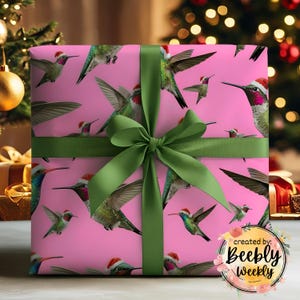 Christmas Hummingbird Gift Wrap, Santa Hats, Holiday Paper, Hot Pink