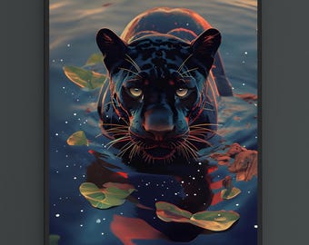 PRINTABLE Black Panther Wall Art - Majestic Panther Swimming - Bold Wildlife Decor, Panther Illustration, Living Room, Digital Download