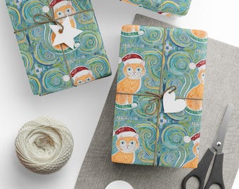 Festive Mosaic Cat Wrapping Paper, Santa Cat Design for the Holidays! Christmas Ginger Cats