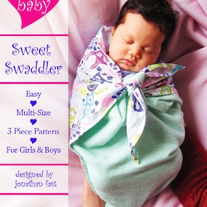 Op de afbeelding: Een baby gewikkeld in een lichtgroene en witte stof met een roze hart en de tekst "Sew baby Sweet Swaddler" aan de linkerkant van de afbeelding. De tekst onder het hart luidt "Easy Multi-Size 3 Piece Pattern For Girls & Boys designed by jonathan fast © SewBaby! www.sewbaby.com"