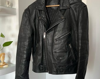 Vintage Black Leather Motorcycle Jacket (Man M/ Woman L)