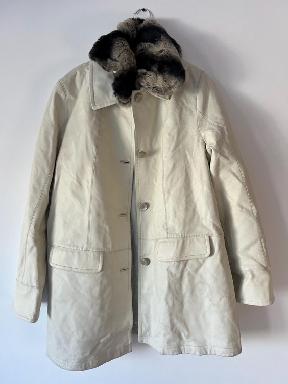 Vintage Trench Coat, White Leather Coat, Fur Collar Trench