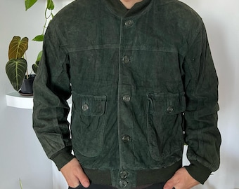 90s Olive Suede Bomber Jacket (Man M/ Woman L)