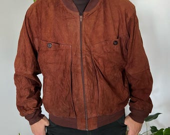 Bruin suède bomberjack jaren 80 (heren/vrouwen L)