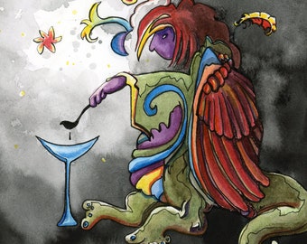 The Alchemist - 10x10 Original - Mystical Bird Woman Stirs up Concoctions