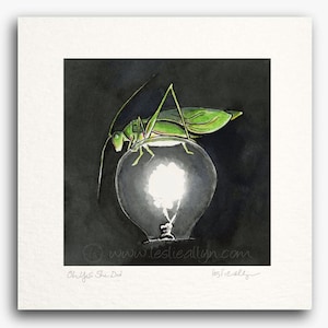 May include: A watercolor painting of a green grasshopper perched on top of a lit light bulb against a dark background. The text "Oh yes she did" and "leslieallyn" are written below the image.
