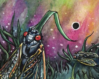 Aurora - 9x9 Original - Northern Lights, Solar Eclipse and Cicadas