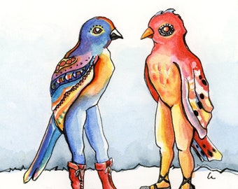 Small Talk - 7x7 - Original Watercolor Lady Birds Talking