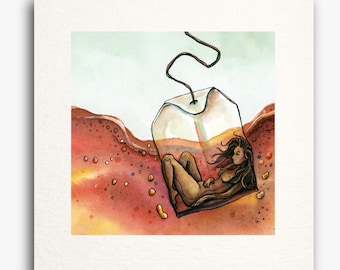 Woman in Teabag Watercolor Art Print – "Steeping"