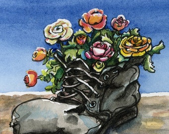 Firmly Planted - 6x6 Boot and Flowers Original Framed Watercolor