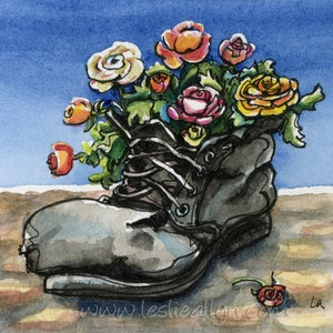Firmly Planted 6x6 Boot and Flowers Original Framed Watercolor image 1