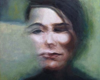 Puede incluir: Una pintura de un rostro, con un fondo borroso. La persona tiene el pelo oscuro y mira directamente al espectador. La pintura está realizada en un estilo realista, con pinceladas suaves.